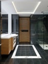 Modern bleack and white designer bathroom with black marble shower tiling Royalty Free Stock Photo