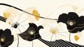 A modern blend of black and white flowers with golden and beige accents flowing across abstract lines, creating a Royalty Free Stock Photo