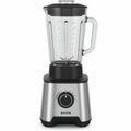 A modern blender with a sleek, metallic base and a black control dial featuring speed