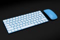 Modern blue aluminum computer keyboard and mouse isolated on black background. Royalty Free Stock Photo