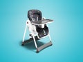 Modern blue armchair for feeding small child with seat belts and table for cup and plate view from the right 3d render on blue bac