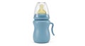 Modern blue baby bottle with ergonomic handle for easy feeding and comfort Royalty Free Stock Photo