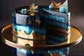 Modern blue cake with chocolate velor and isomalt decor, AI generated