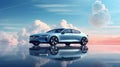 a modern blue car with beautiful colored sky generative AI Royalty Free Stock Photo