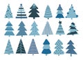 Modern blue Christmas tree set. Boho winter vector illustration. Cute navy blue alternative trees art.