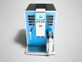 Modern blue coffee machine with milk dispenser on one cup front view 3d render on gray background with shadow