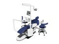 Modern blue dental chair with white inserts with monitor on trip Royalty Free Stock Photo