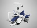 Modern blue dental chair with white inserts with monitor on trip Royalty Free Stock Photo