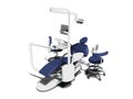 Modern blue dental chair with white inserts with monitor on trip Royalty Free Stock Photo