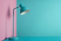 Modern blue desk lamp illuminating colorful workspace