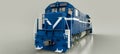 Modern blue diesel railway locomotive with great power and strength for moving long and heavy railroad train. 3d rendering.