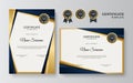 Modern blue and gold certificate template. Diploma certificate border template set with badges for award, business, and education