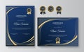 Modern blue and gold certificate template. Diploma certificate border template set with badges for award, business, and education