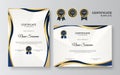 Modern blue and gold certificate template. Diploma certificate border template set with badges for award, business, and education