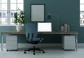 Modern blue home office interior design 3d Rendering Royalty Free Stock Photo