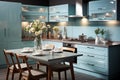 Modern blue kitchen with a table and chairs, fresh flowers, minimal lifestyle