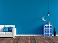 Modern blue living room interior - white leather sofa and blue wall panel with space Royalty Free Stock Photo