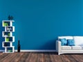 Modern blue living room interior - white leather sofa and blue wall panel with space