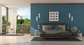 Modern blue master bedroom of a modern villa Royalty Free Stock Photo