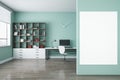 Modern blue office interior with empty mock up poster on wall, bookcase, window with city view, workplace with computer, other