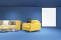 Modern blue office interior with empty mock up poster and yellow furniture. Royalty Free Stock Photo