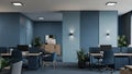 Modern blue office interior with desks computers chairs and plants in natural light Keywords: office interior, modern Royalty Free Stock Photo