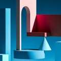 Blue Showcase With Abstract Colorful Figures. Empty Space. Copy Space. Da Vinci Colors. 3d rendering Royalty Free Stock Photo