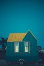 Modern blue tiny house at the twilight. Photography taken in France
