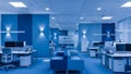 Modern Blue Office Interior with Rows of Desks, Computers, Phones, and Contemporary Seating Areas Royalty Free Stock Photo