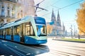 Modern blue tram glides through the city streets lined with historic architecture, seamlessly integrating sustainable, electric