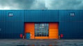 Modern blue warehouse with orange section