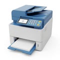 Blue and White Multifunction Office Printer with Paper Tray and Control Panel on White Background Royalty Free Stock Photo