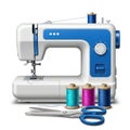 Modern blue and white sewing machine with thread spools and scissors for crafting projects isolated on white background Royalty Free Stock Photo