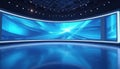 Modern blue and white television studio with large curved screen displaying abstract blue waves. Empty broadcast set with digital Royalty Free Stock Photo