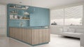 Modern blue and wooden kitchen with shelves and cabinets, sofa and panoramic window. Contemporary living room, minimalist architec