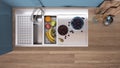 Modern blue and wooden kitchen, sink with running tap and healthy fruit. Vase with spikes, wooden cutting boards. Top view, plan,