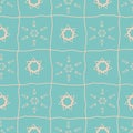 Modern blush pink star and sun tribal shapes in geometric doodle grid design. Seamless vector pattern on aqua blue