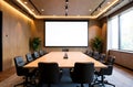 Modern boardroom with conference table, chairs, and projection screen setup. Royalty Free Stock Photo