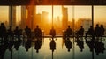 Silhouette of business people meeting in modern office with sunlight effect