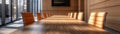A modern boardroom featuring an efficient distance learning setup with interactive video conferencing, ensuring seamless