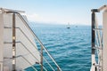 Modern boat open deck railing with view of Lake Leman Geneva Lake