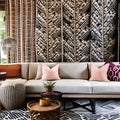 A modern bohemian living room with a mix of patterns, rattan furniture, and floor cushions2 Royalty Free Stock Photo