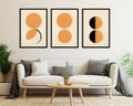 Modern bohemian simple pnting canvas wall art decor is drawing orange golden light colors and black.