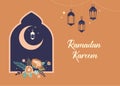 Modern bohemian style Ramadan Mubarak greeting card, banner with retro boho design, moon, mosque dome and lanterns