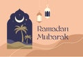 Modern bohemian style Ramadan Mubarak greeting card, banner with retro boho design, moon, mosque dome and lanterns