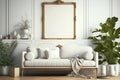 Modern Boho Living Room Interior, Mockup Photo Frame, The White Couch Near Empty White Wall - Generative AI Royalty Free Stock Photo