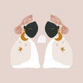 Modern Boho Pastel Terracotta Collage Line Drawing African Black Women Couple Twin Faces Hairstyle Fashion Beauty Minimalist