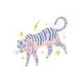 Modern boho single isolated tiger in funky contemporary abstract collage memphis style. Stripes and stars. Vector illustration