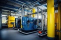 Modern boiler room with gas boilers, industrial heating. Generative AI Royalty Free Stock Photo