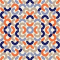 Modern bold symmetrical pattern of circles and semicircles in blue and orange